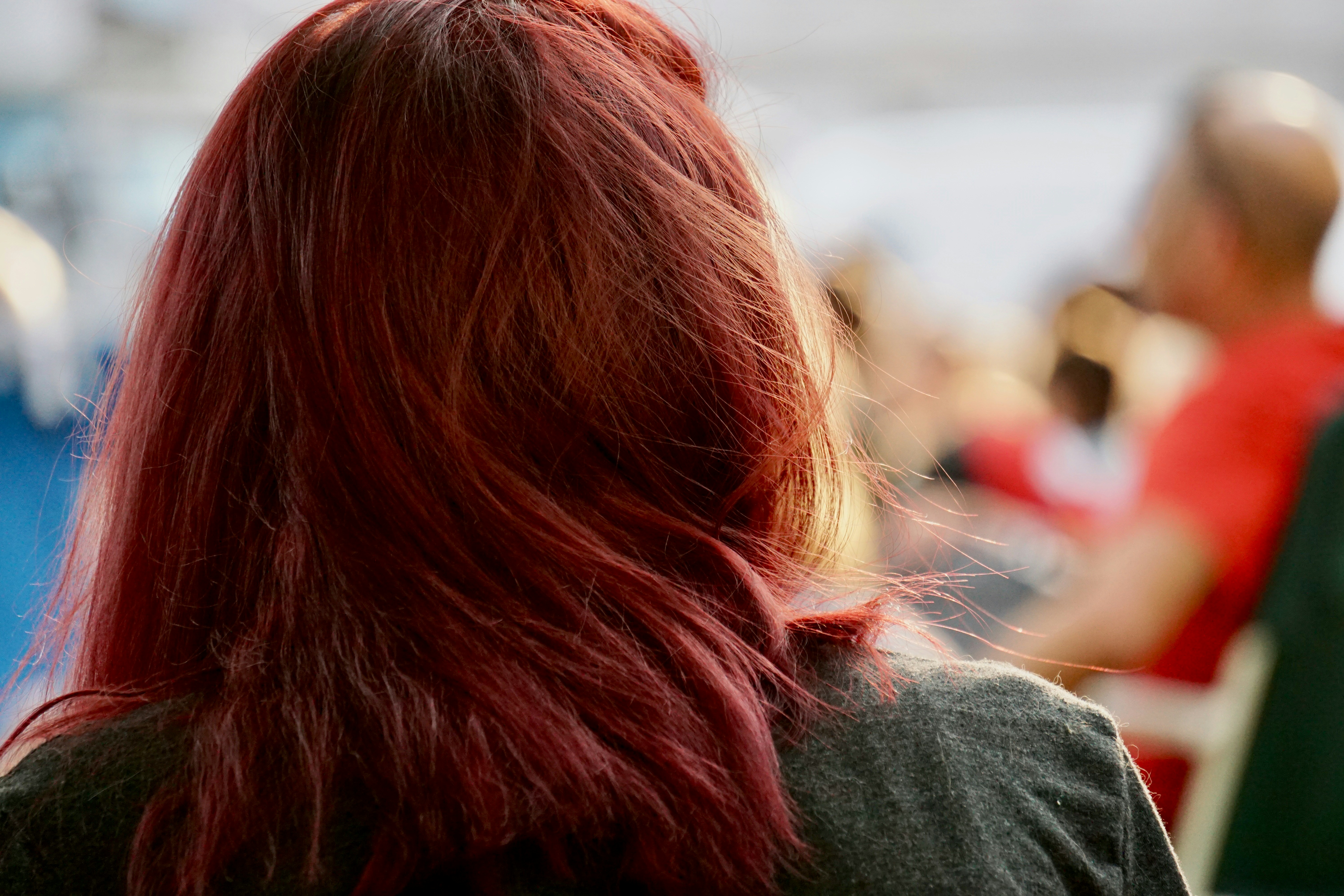 Young woman with long auburn hair from behind. Blurred background. Concert at the park. Afternoon sun.